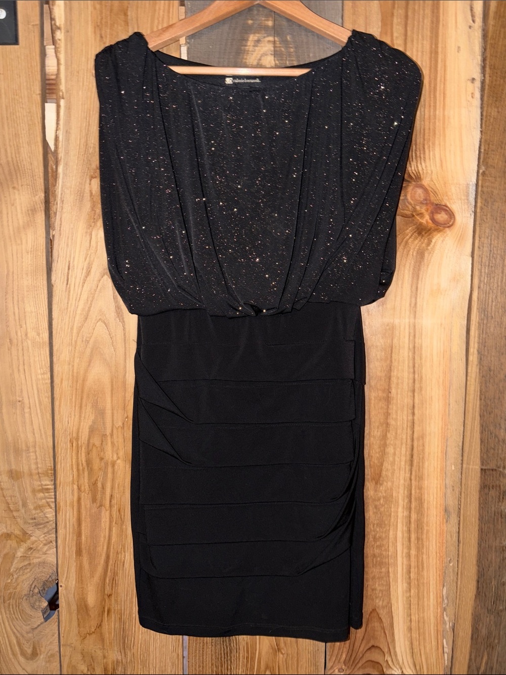 Valerie Bertinelli Black Mini Dress with Subtle Gold Sparkle